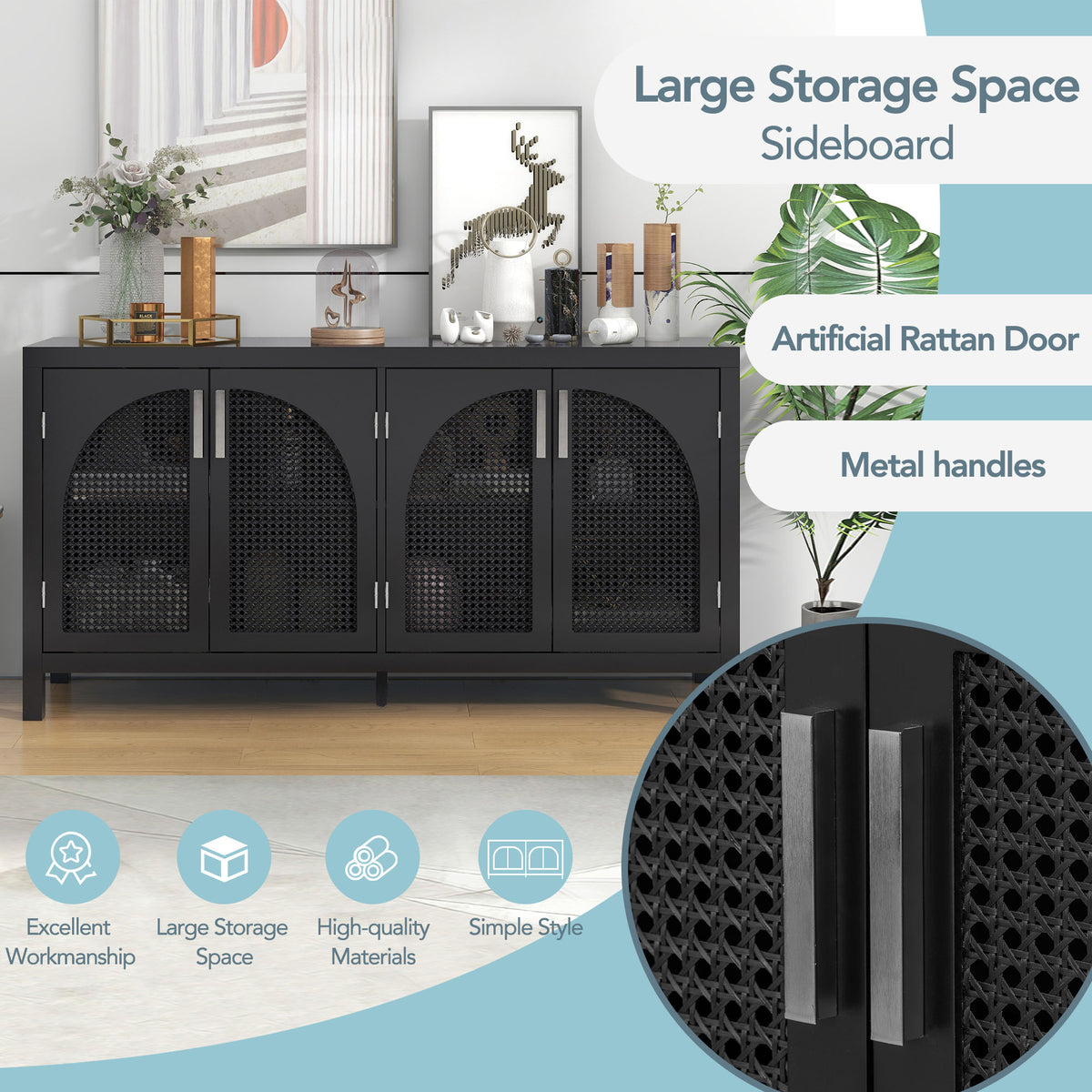Storage Sideboard with Rattan Doors Black