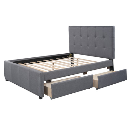 Linen Platform Bed with Headboard White