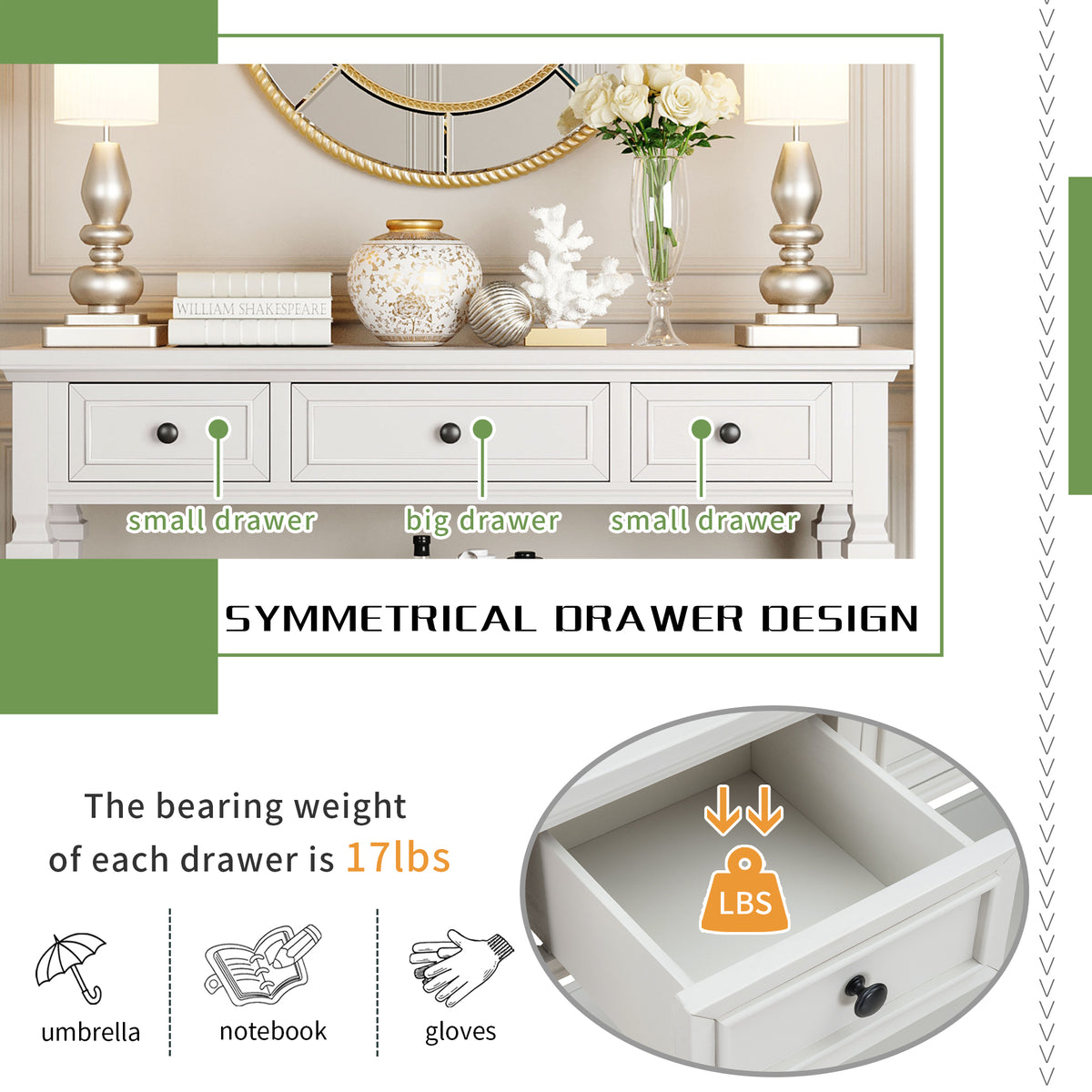White Wood Console Table with Drawers
