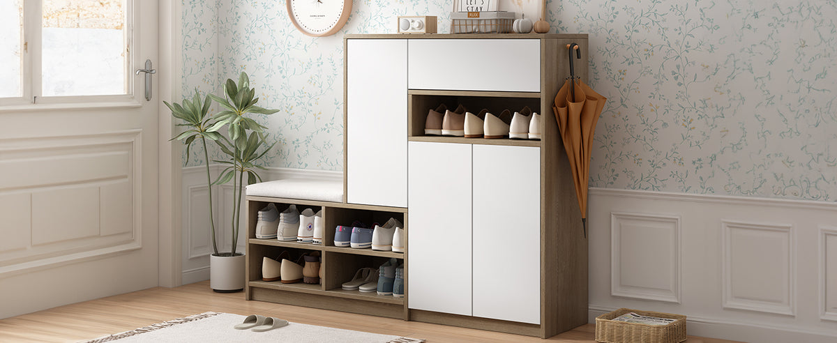 Shoe Cabinet with Soft Cushion Seat and Shelves