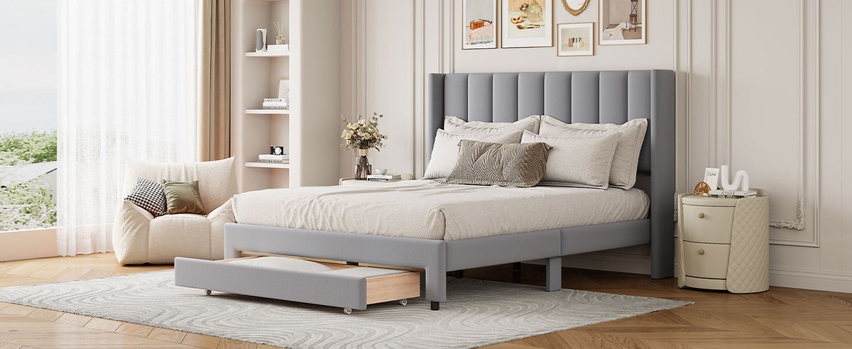Velvet Platform Bed with Storage Drawer Gray