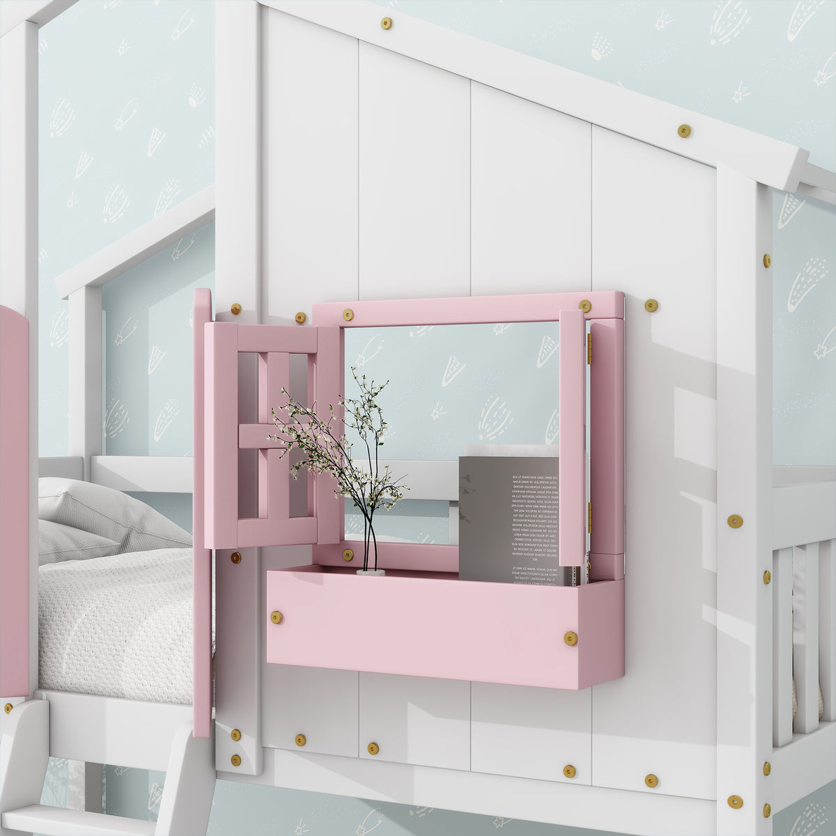 Twin House Bunk Bed with Ladder Pink White