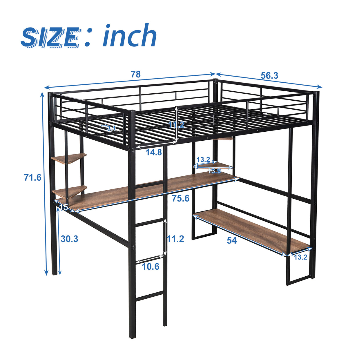 Full Loft Bed with Shelves and Desk Black