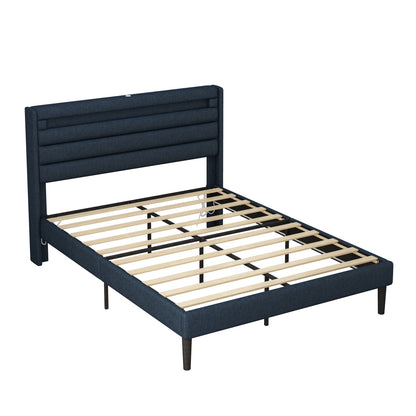 Queen Bedframe with Linen Wrapped LED Headboard Blue