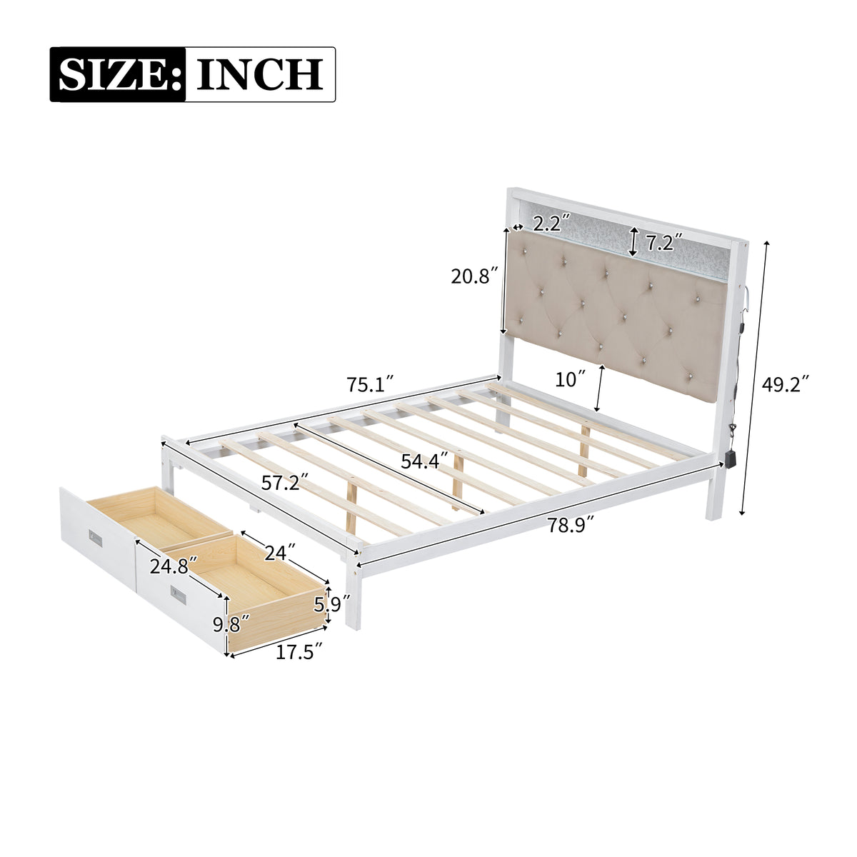 Full Platform Bed with LED Headboard White