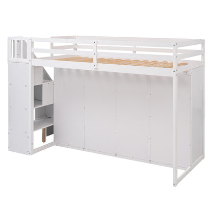 White Loft Bed with Storage and Ladder