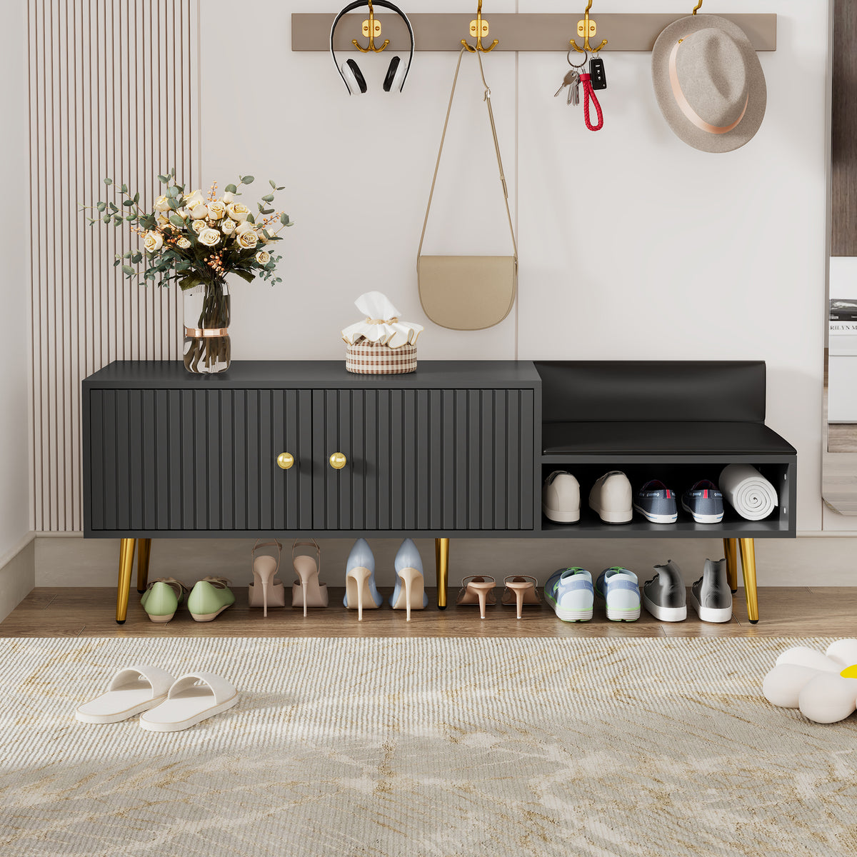 Modern Gray Shoe Storage Bench with Hidden Upholstered Seat