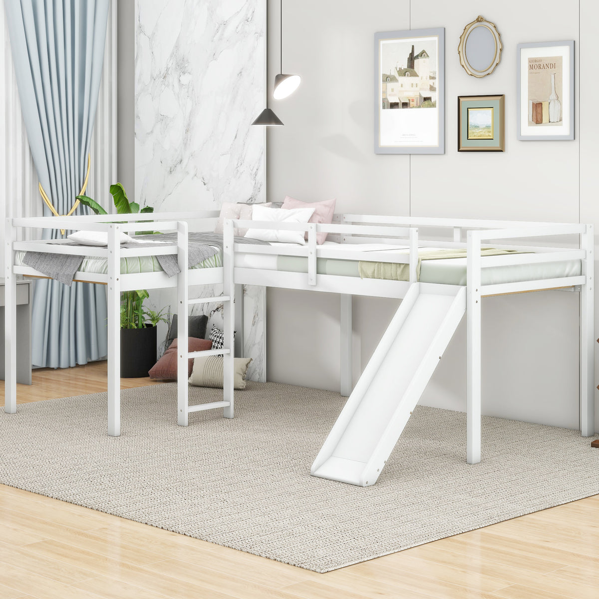 L-Shaped Twin Loft Bed with Slide White