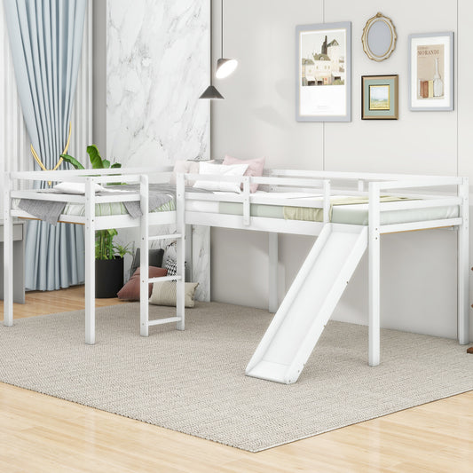 L-Shaped Twin Loft Bed with Slide White