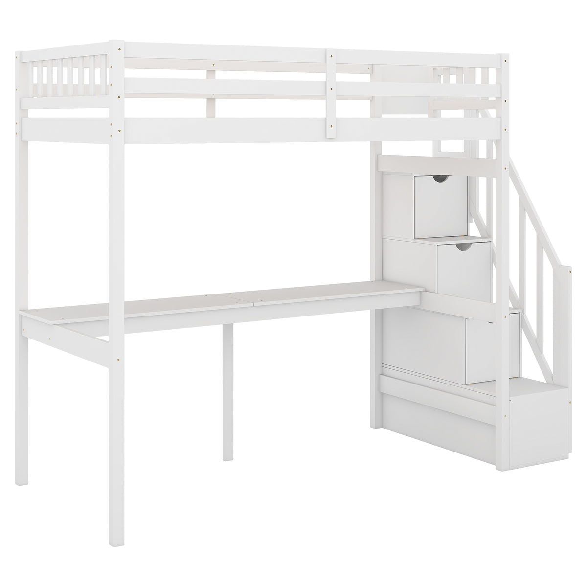 Twin Loft Bed with Staircase and Desk White