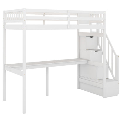 Twin Loft Bed with Staircase and Desk White