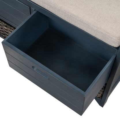Navy Storage Bench with Rattan Basket