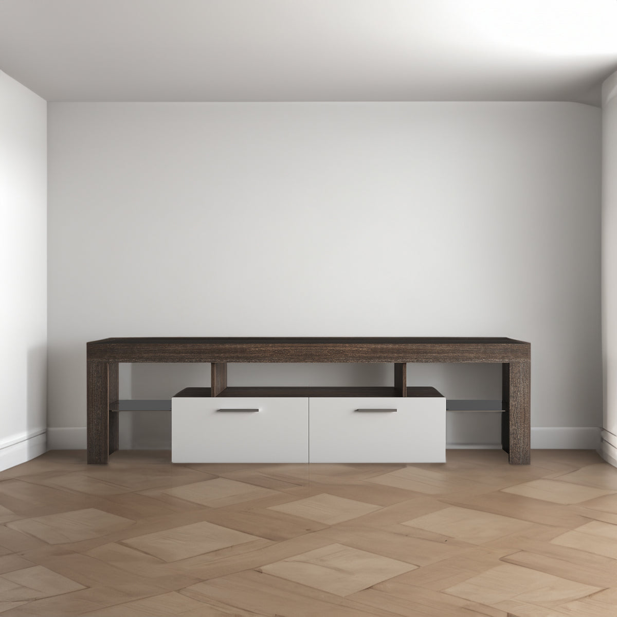 Modern TV Console with Glass Shelf – Quick Assembly