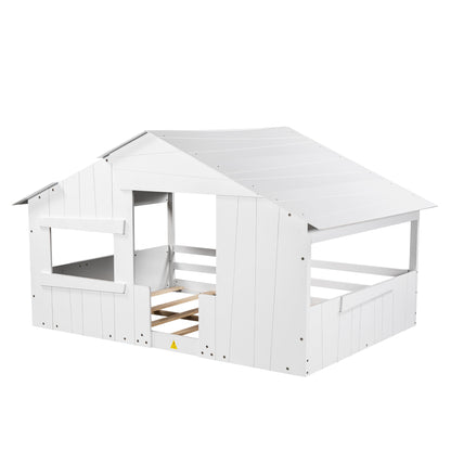 Full Wood Bed with Roof Frame White