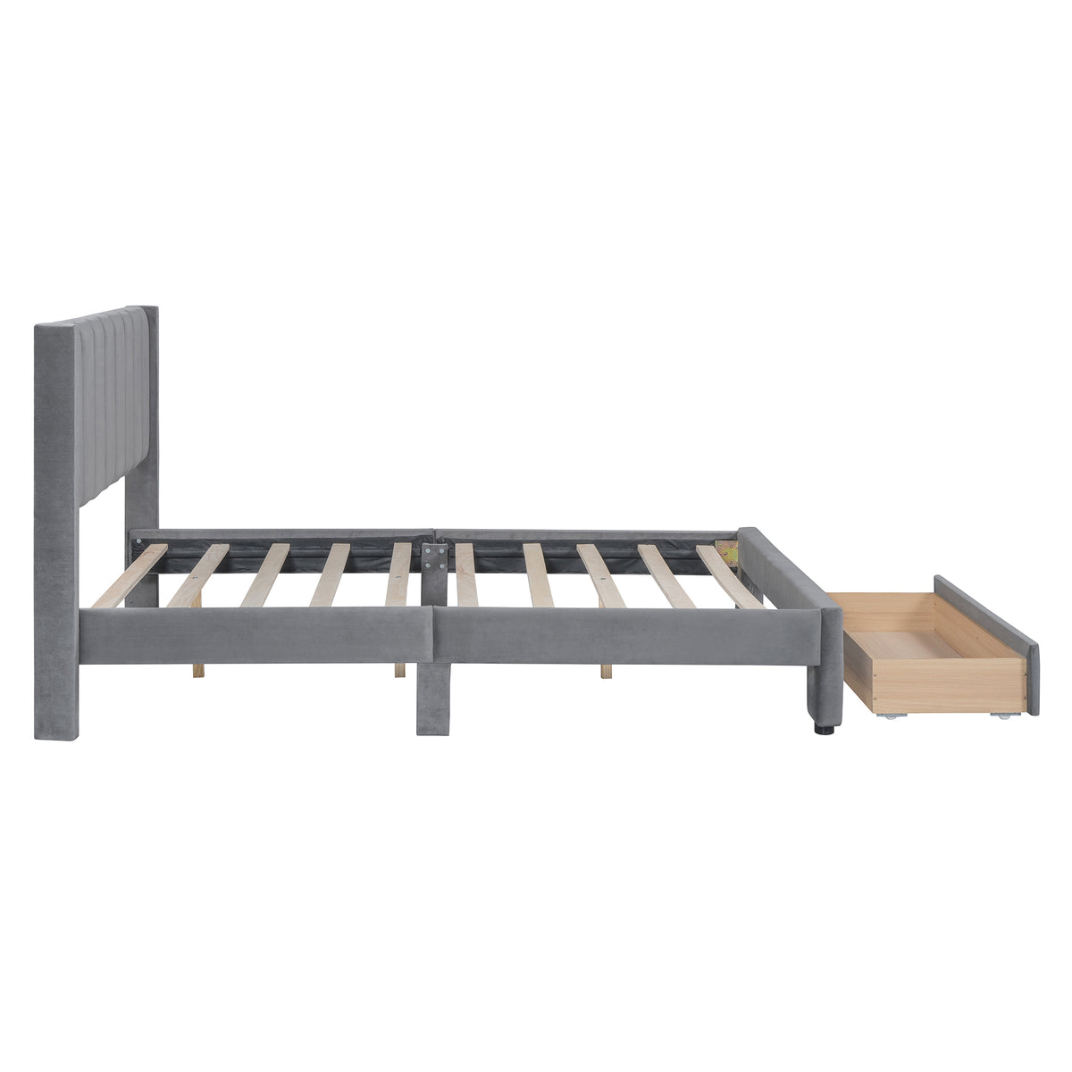 Velvet Platform Bed with Storage Drawer Gray
