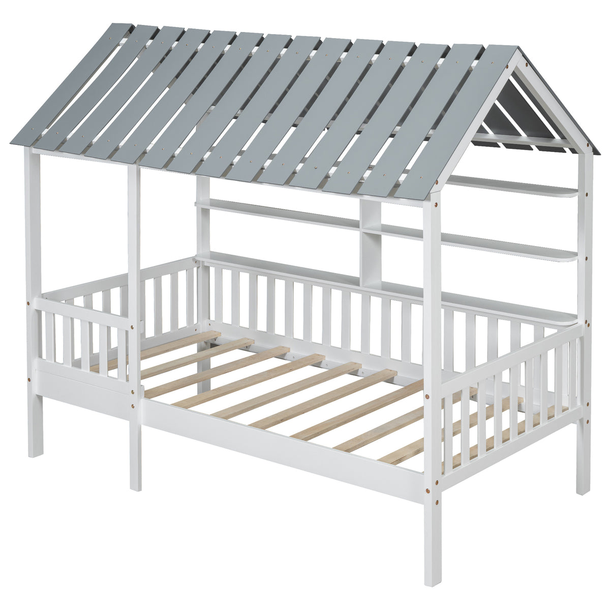House Bed with Roof and Guardrails White