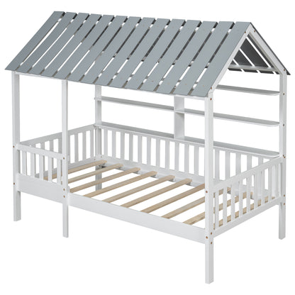 House Bed with Roof and Guardrails White
