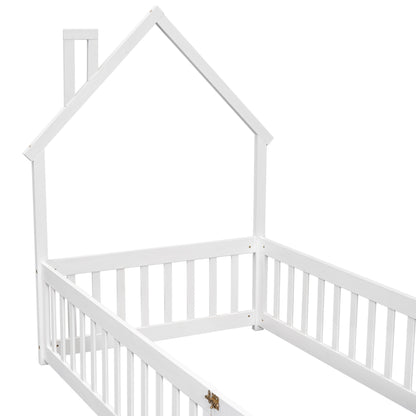 Twin Floor Bed with Fence – White Finish