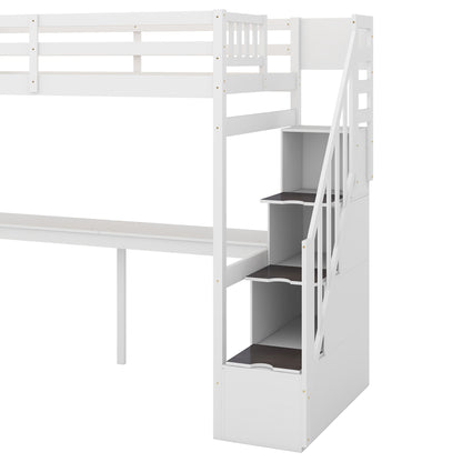 Twin Loft Bed with Staircase and Desk White