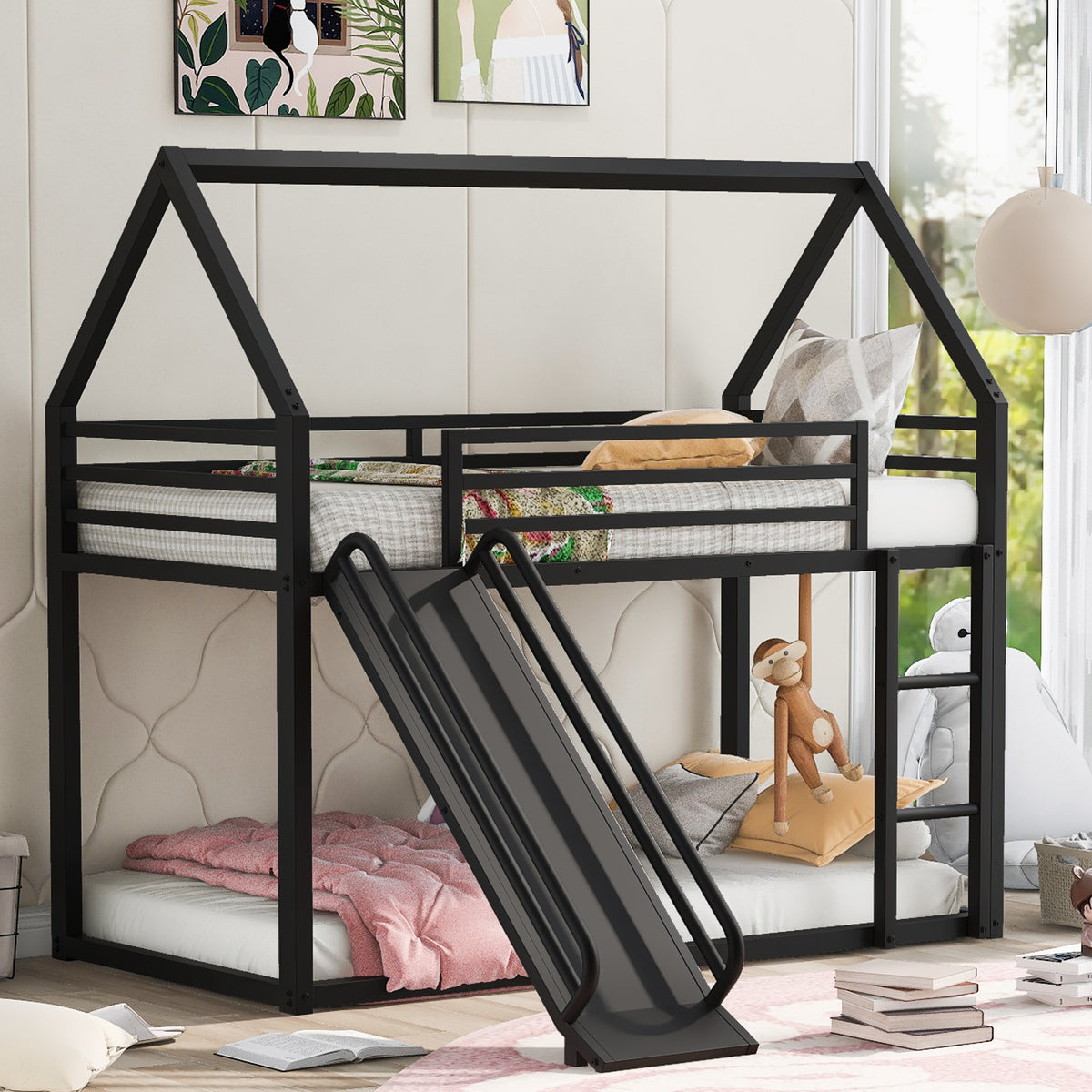 House Twin Bunk Bed with Ladder Black