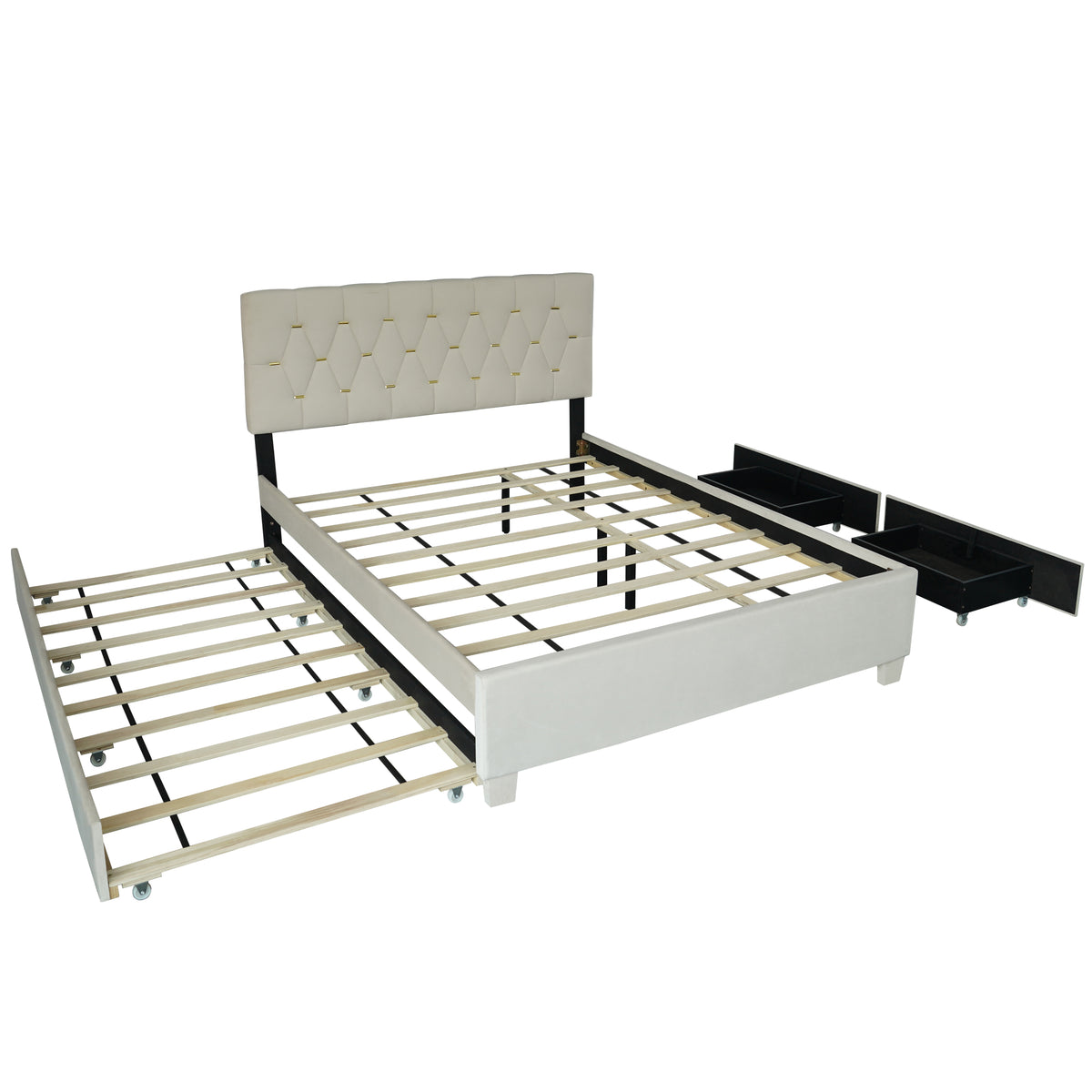 Upholstered Queen Bed with Storage Drawers Beige