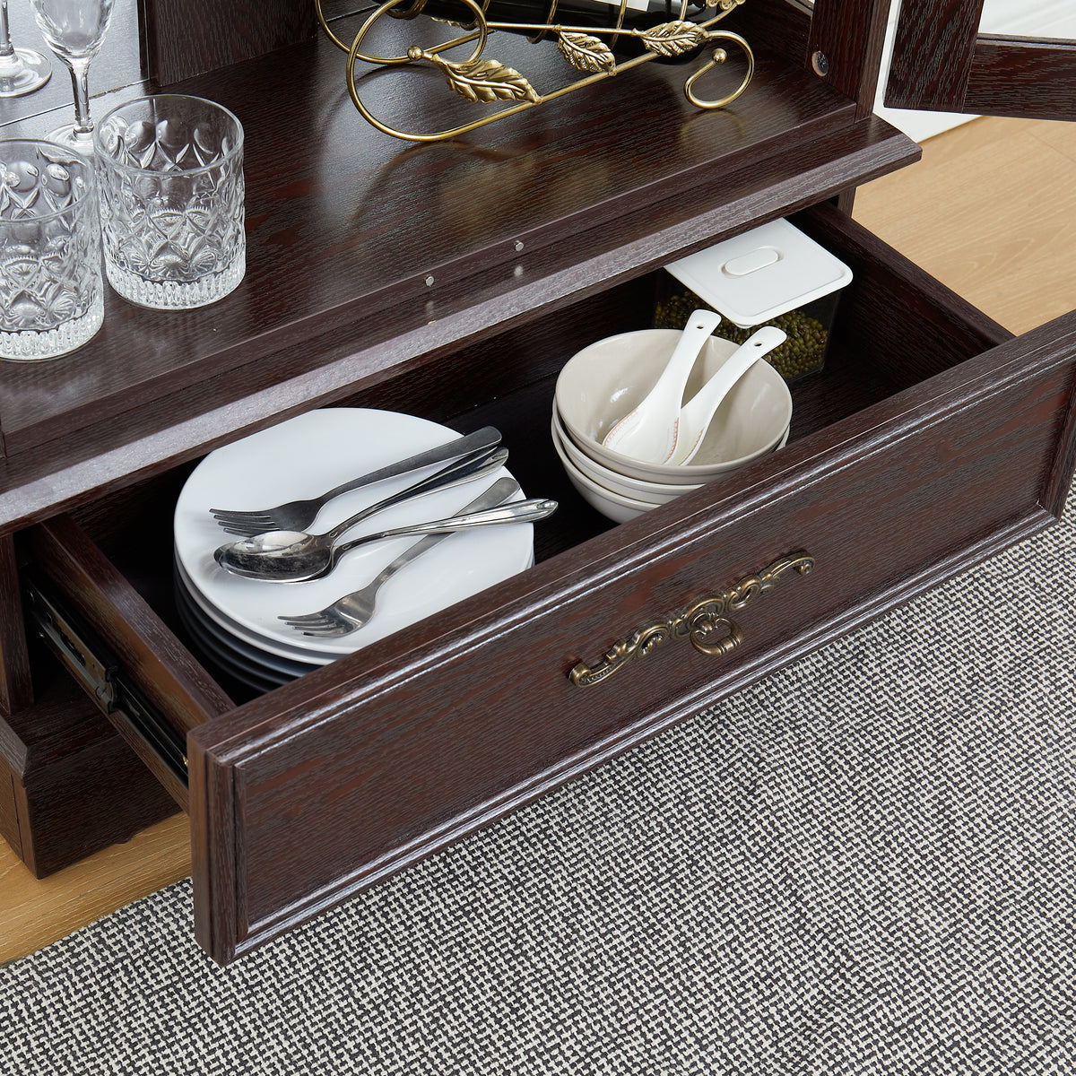 Light Oak Display Cabinet with Glass Frame and Drawer