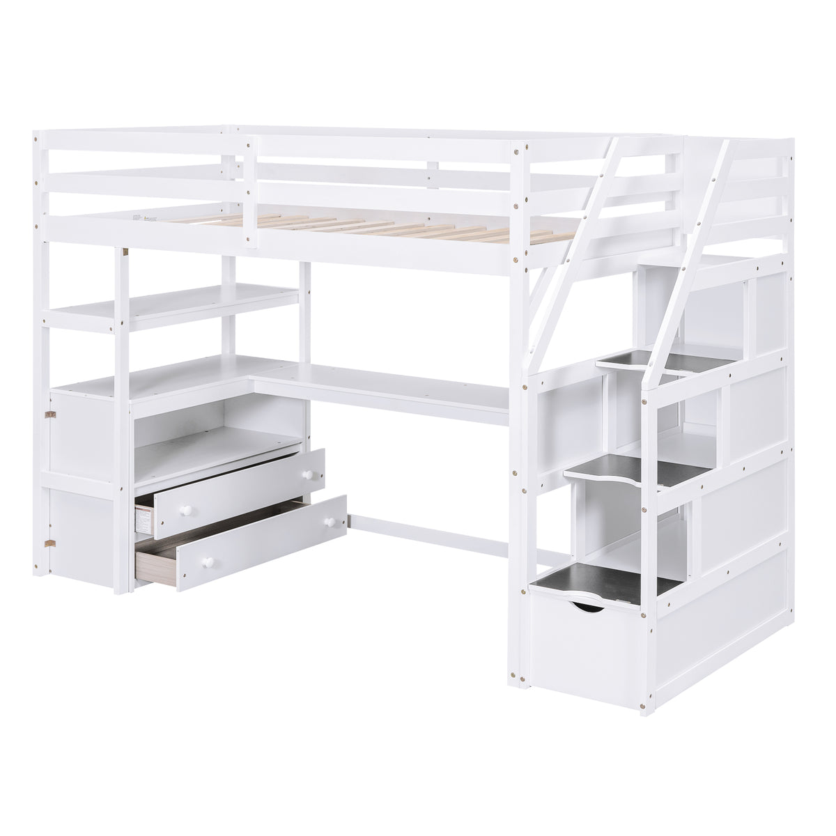 Twin Loft Bed with Storage Staircase White