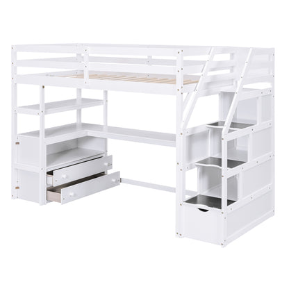 Twin Loft Bed with Storage Staircase White