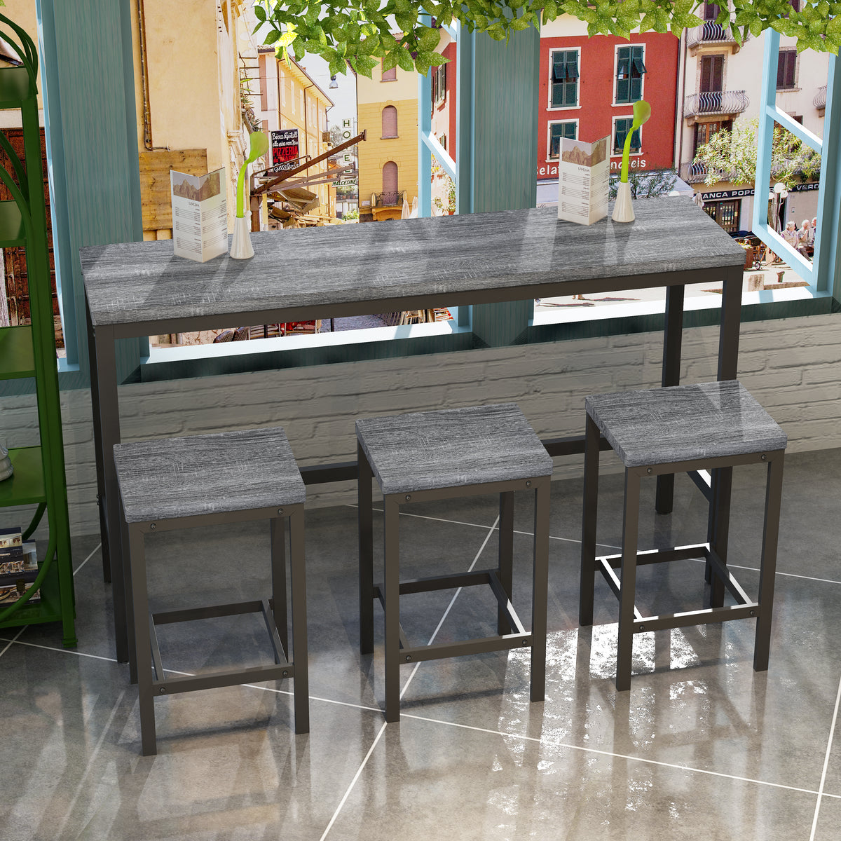 Modern Pub Table with 3 Stools Gray Finish