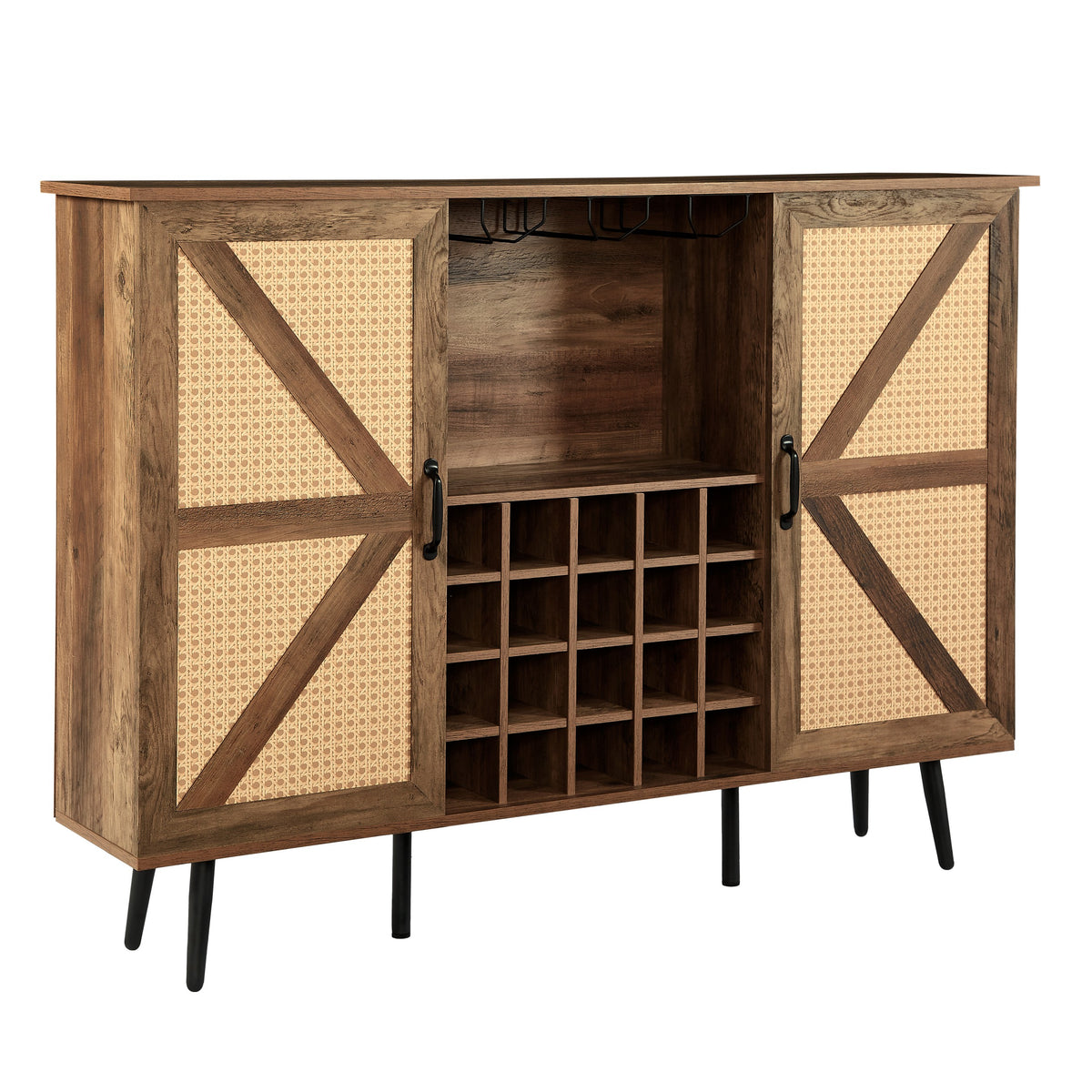 Oak Faux Rattan Wine Cabinet with Removable Shelves