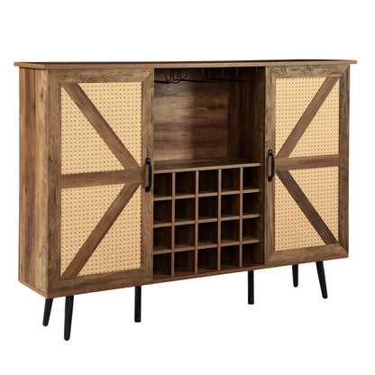 Oak Faux Rattan Wine Cabinet with Removable Shelves