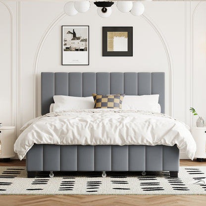 Velvet Upholstered Queen Platform Bed with Trundle Gray