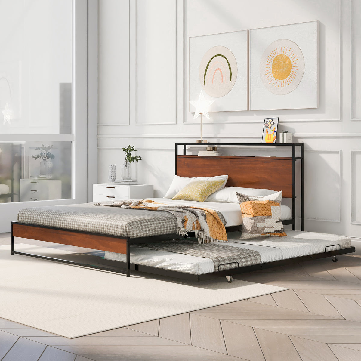 Queen Metal Platform Bed with USB Ports Black