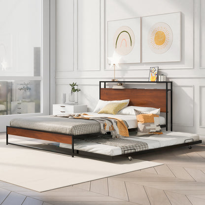 Queen Metal Platform Bed with USB Ports Black