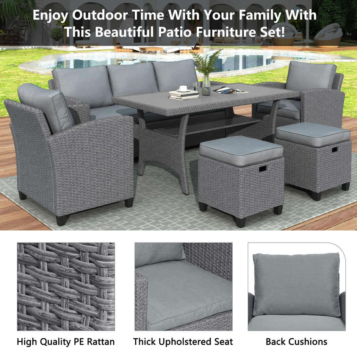 Outdoor Rattan Dining Set (6 pcs) – Gray Mat
