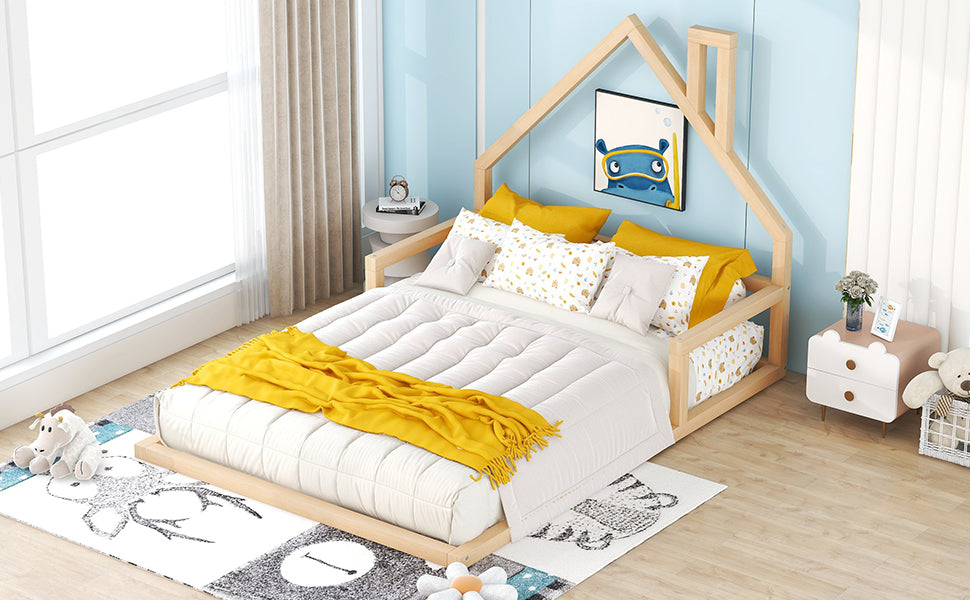 Full Wood Platform Bed with Fence Natural