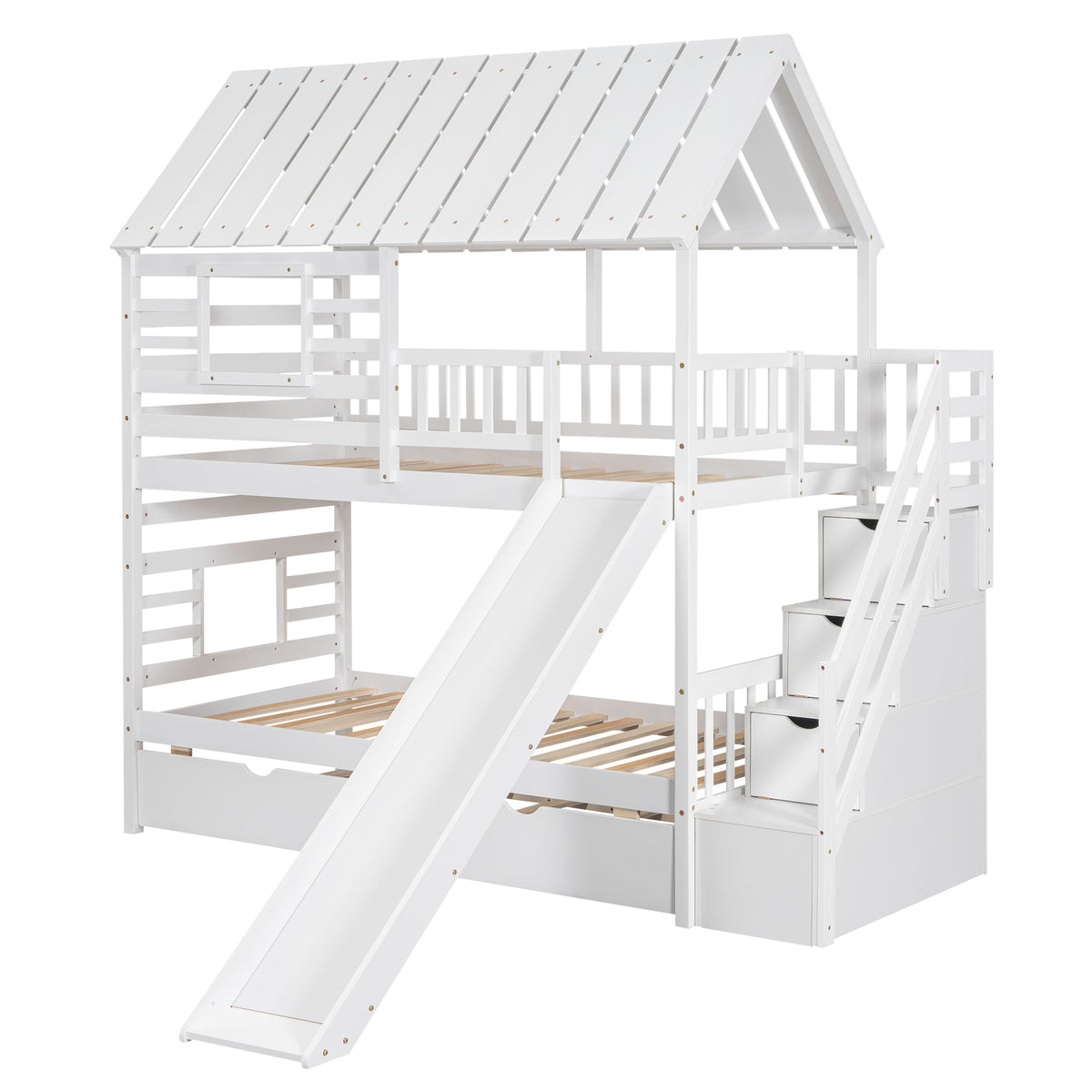 Twin Over Twin Bunk Bed with Roof Staircase White