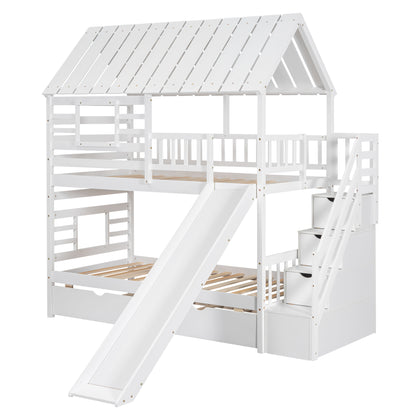 Twin Over Twin Bunk Bed with Roof Staircase White