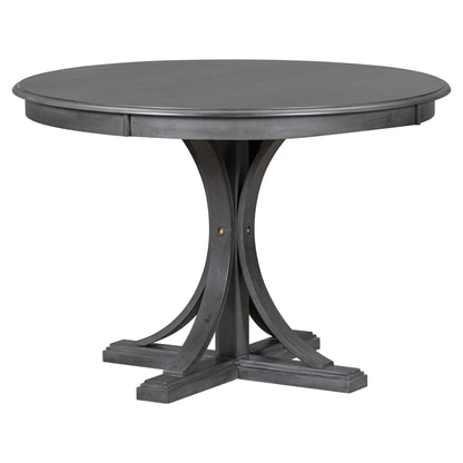Dark Gray 5-Piece Round Dining Set – Solid Wood Table with Upholstered Chairs