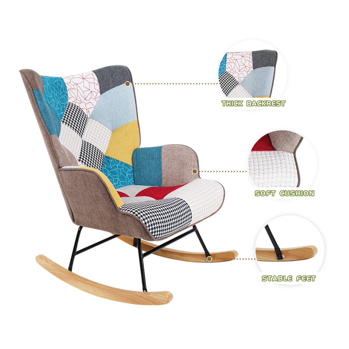 Mid-Century Rocking Chair with Ottoman – Patchwork Linen