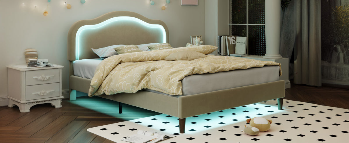 Beige Velvet LED Bed Frame
