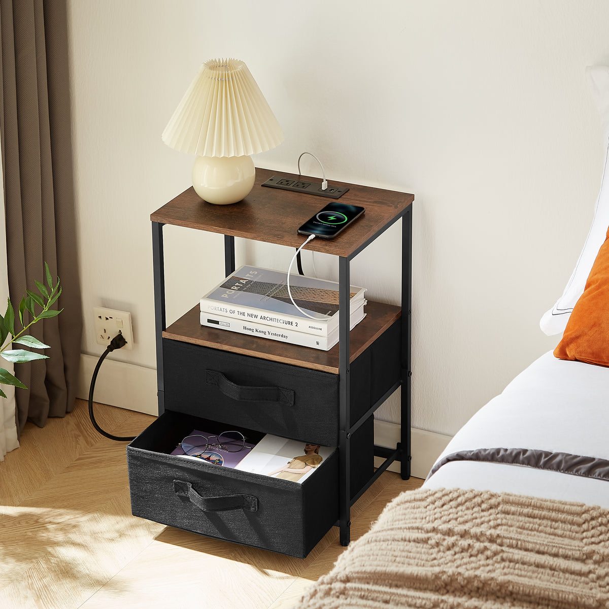 Bedside Table with USB Charging and Storage Drawers
