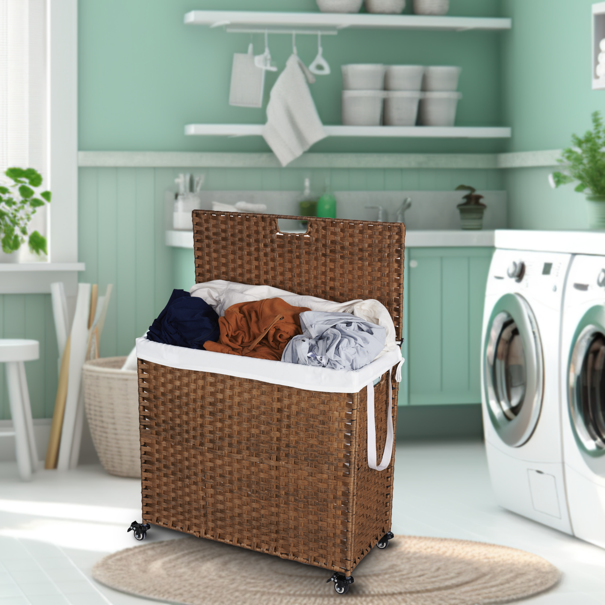 Brown Laundry Hamper with Lid and Wheels