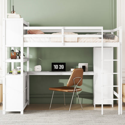 Wood Loft Bed with Bookshelf White