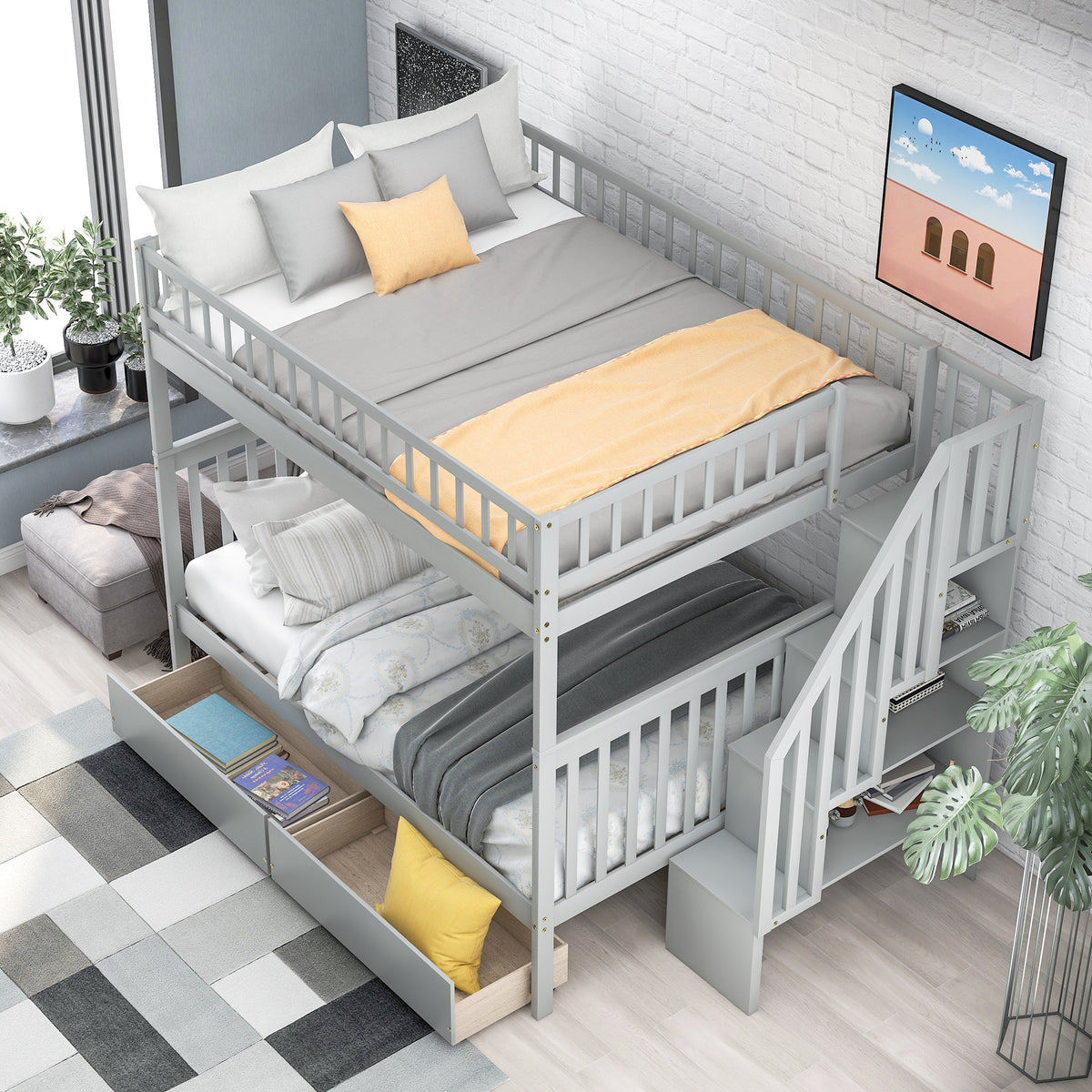 Full Bunk Bed with Storage Drawers Gray