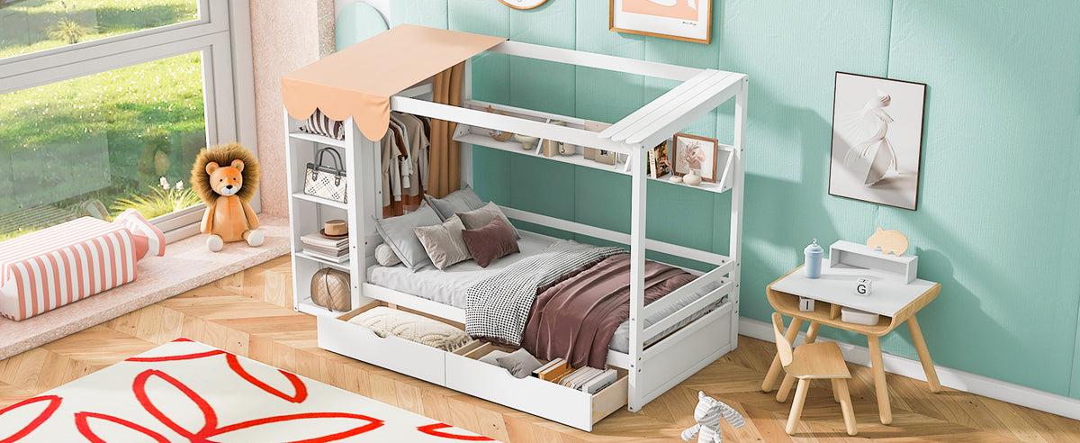 Twin House Bed with Wardrobe White