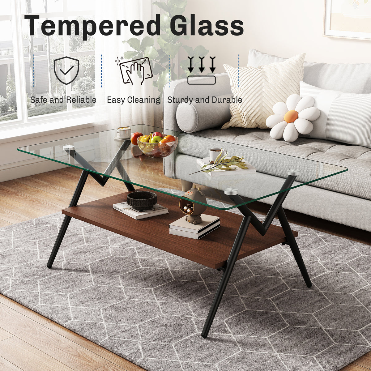 Rectangular Glass Coffee Table with Black Frame