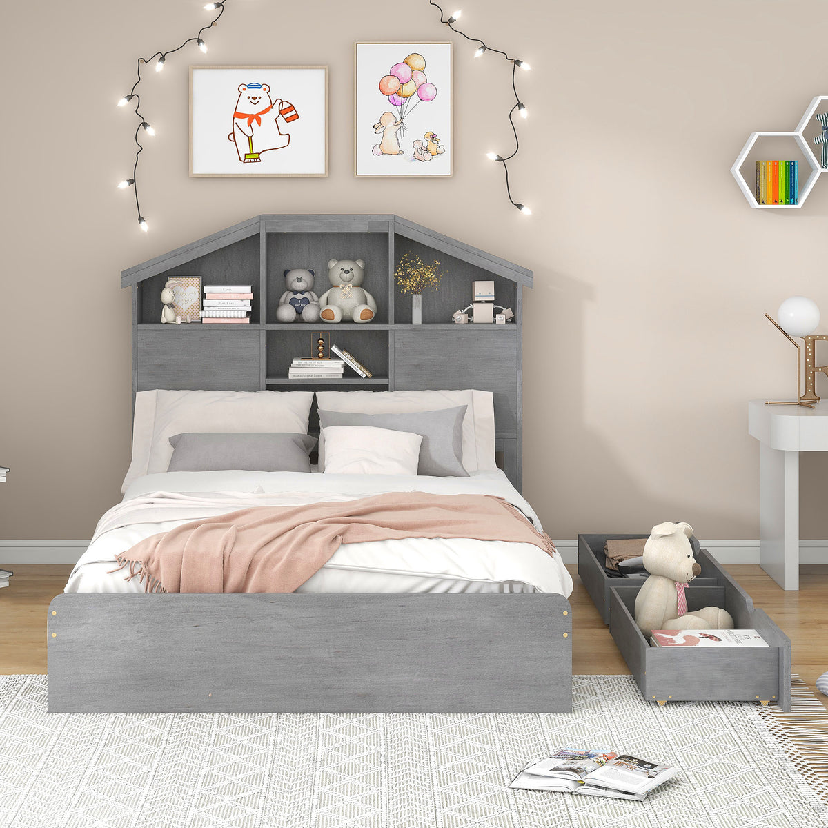 Full Platform Bed with Storage Headboard Gray