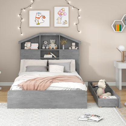 Full Platform Bed with Storage Headboard Gray