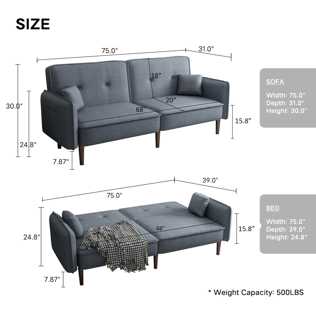 Futon Sofa Bed with Solid Wood Legs Gray